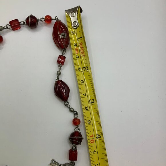 Handcrafted Vintage Style Boho Red Glass Beaded Metal Accent Long Necklace - Picture 6 of 7